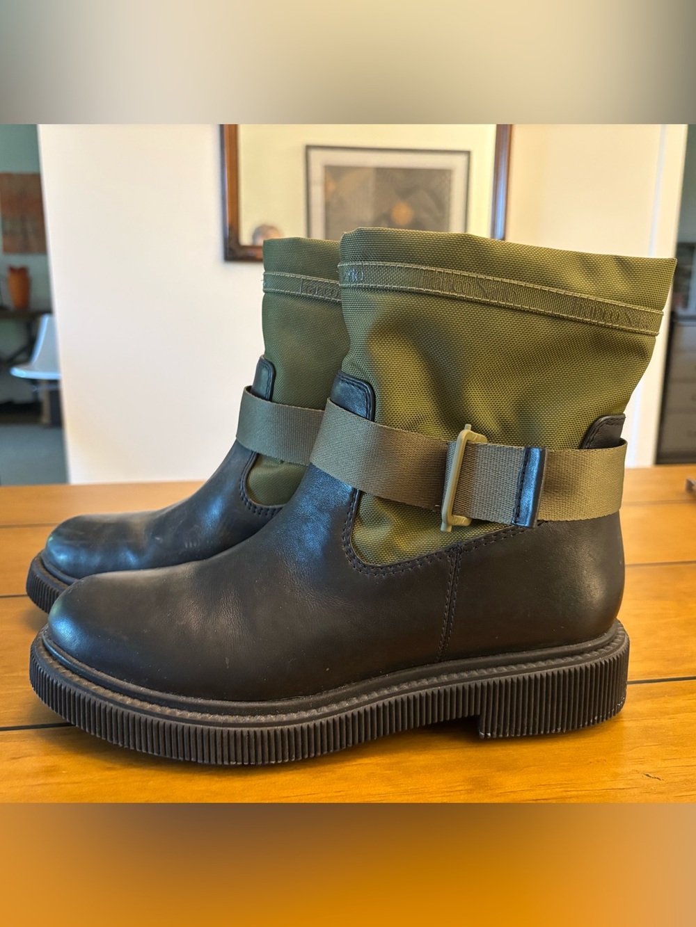 Franco Sarto Black Leather and Olive Green Fabric Ankle Boots